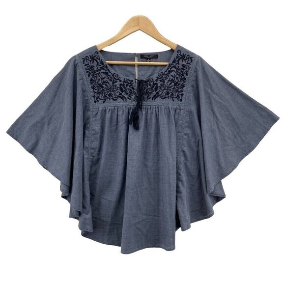 Romeo + Juliet Couture Top Womens Small Blue Chambray Cotton Blend‎ Embroidered - Picture 1 of 7